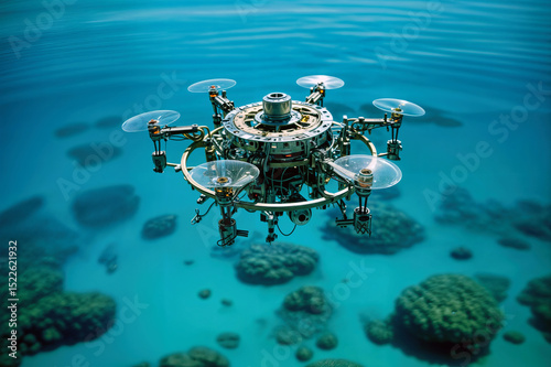 Futuristic drone flying over clear tropical ocean. High-tech multi-rotor UAV conducting aerial marine survey above coral reefs in daylight.