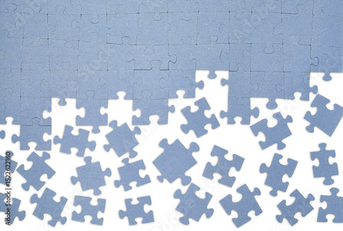 Blue jigsaw puzzle with missing pieces on a transparent background. Incomplete game, concept of problem solving, teamwork, or finding solutions. PNG.