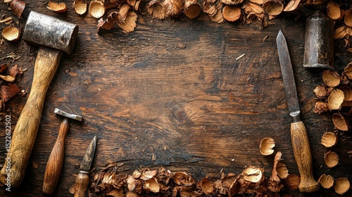 Vintage woodworking tools on rustic workbench