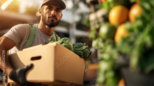 Young worker carries fresh vegetables in a cardboard box at a farmer’s market during golden hour