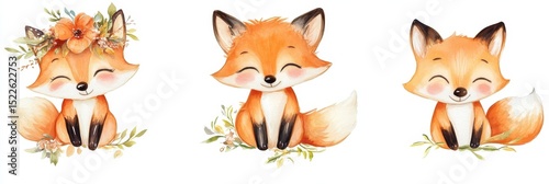 Fox Clip Art. Watercolor Baby Fox Character Collection for Children's Celebration