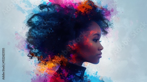 A modern abstract collage shows a woman's profile silhouetted against a vivid background. 