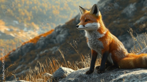Fox Mountains. Little Fox in the Wild Among Wild Animals and Nature