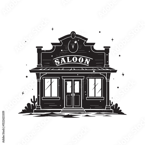 Old West Saloon Illustration: A monochrome illustration of an Old West saloon with iconic architectural features, embodying the spirit of the Wild West.