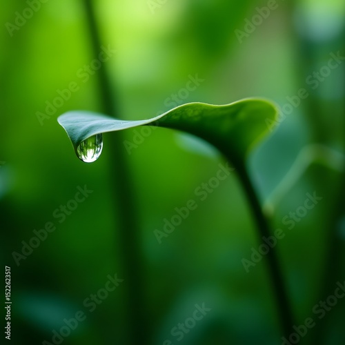 Delicate water droplet reflecting the environment hanging from a vibrant green leaf edge.