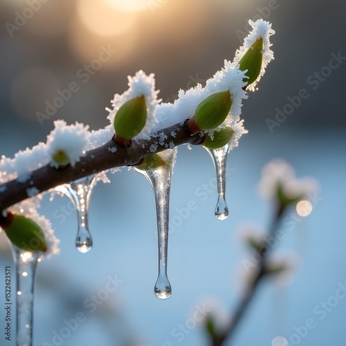 Frozen budding branch with icicles and sunlight in a beautiful winter scene