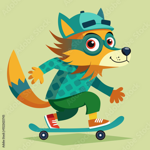 Cheerful fox character rides a skateboard, expressing joy in a colorful and cartoonish vector style.