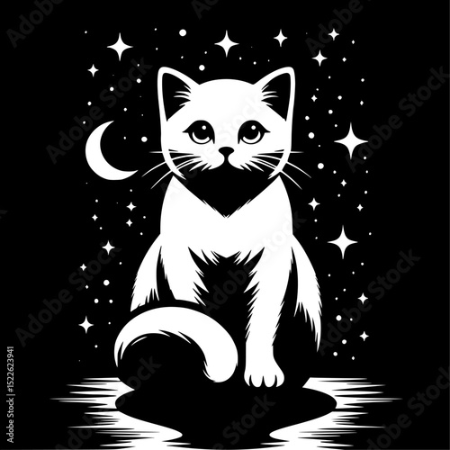 Minimalist black and white vector illustration of a cat with clean lines and simple silhouette design.