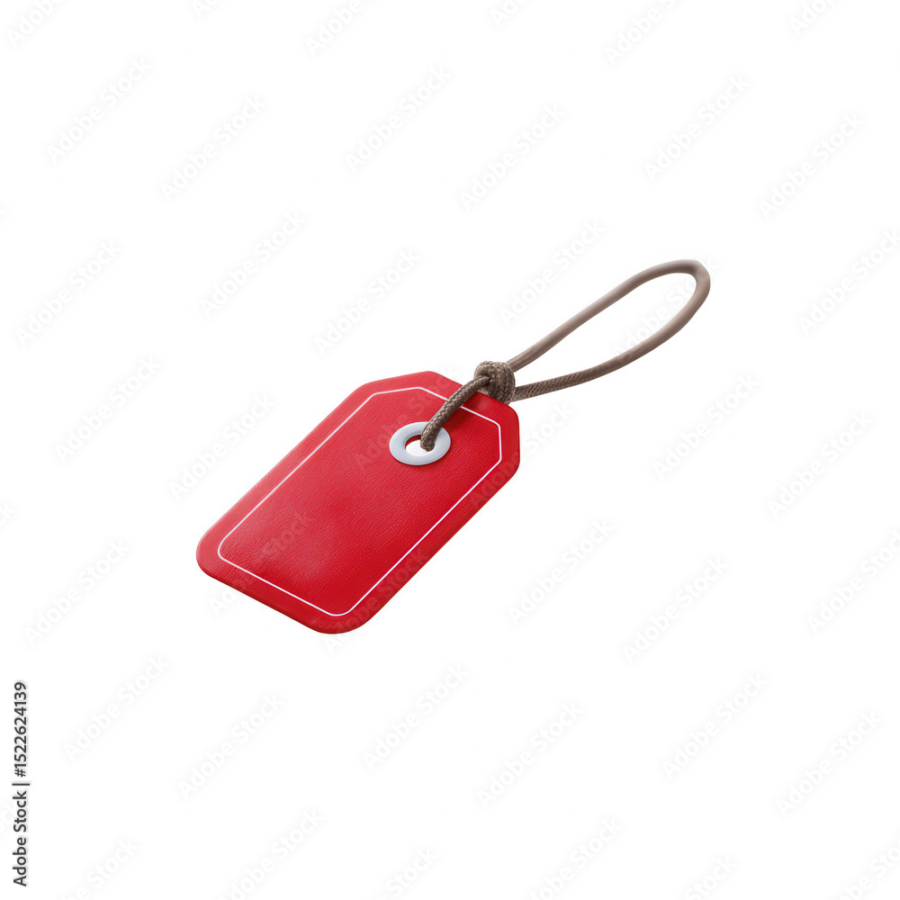 Fototapeta premium A vibrant red tag label with a brown string, perfect for organizing items, gifts, or for use in crafting projects on a clean, isolated background.