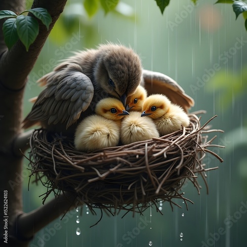 Mother bird comforting her chicks in a nest during gentle rainfall showing parental love