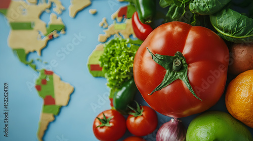 Fresh vegetables and fruits are displayed on a world map, symbolizing global agriculture and healthy eating.