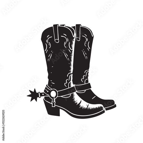 Cowboy Boots Silhouette: An artistic monochrome silhouette showcasing a pair of classic cowboy boots, embodying the essence of Western heritage and rugged style, and iconic elements.