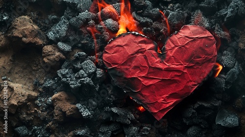 A vibrant red paper heart burns amidst glowing embers and ash, symbolizing passion and intensity in a striking and emotive visual representation of love and loss. photo