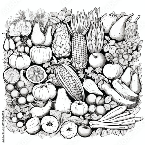 Monochrome Fruits and Vegetables Vector Illustration for Culinary Design Projects