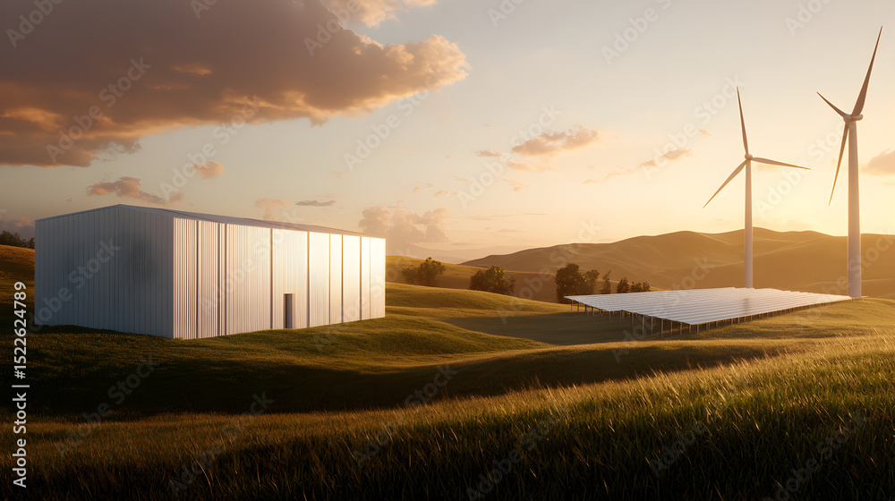 Obraz premium Modern energy facility with wind turbines and solar panels on rolling hills at sunset.