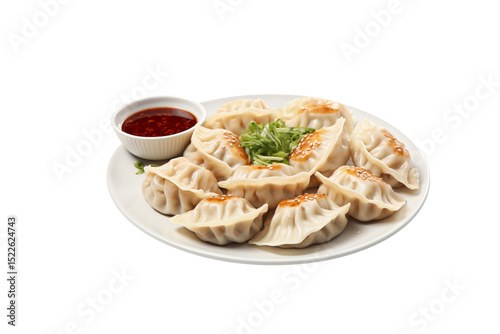 Delicious plate of pan-fried dumplings served with a spicy dipping sauce. background removed photo