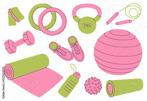 Set of home workout equipment. Perfect for sport, fitness and healthy lifestyle designs.