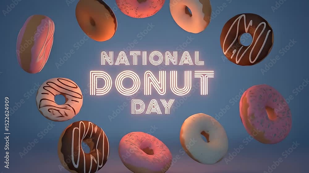 Retro neon graphic composition with floating donuts for national donut day animation