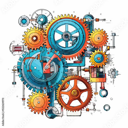 Detailed Vector Illustration of Gears Machinery in Motion for Industrial Applications
