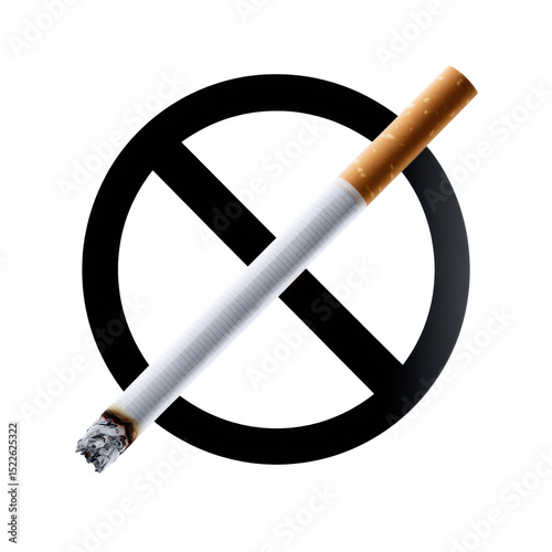 A bold black no smoking sign features a graphic of a cigarette with a burnt end against a transparent background. This symbol promotes health and discourages smoking in public areas