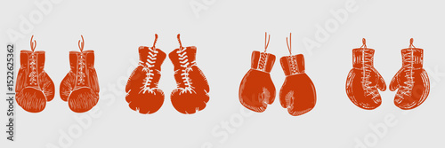 Boxing Gloves Silhouette Set. Vintage Sports Equipment Collection For Fitness And Training Themes. Isolated Vector Illustration Collection