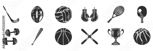 Sports Equipment Icons Silhouette Set. Hockey, Football, Volleyball, Boxing, Tennis. Isolated Vector Illustration Collection