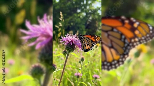 An orange monarch butterfly with black wings feeds on a flower in a summer garden