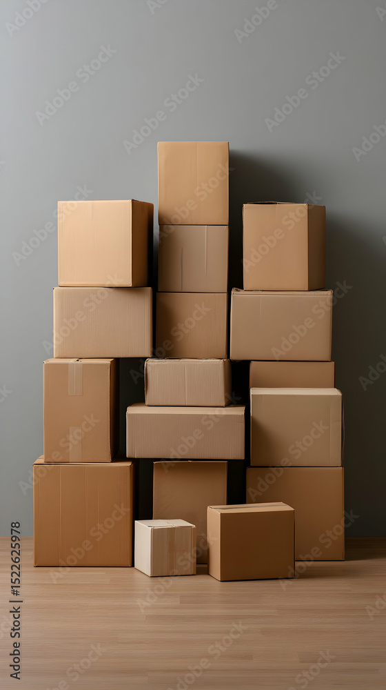 Stacked cardboard boxes create a minimalist display against a neutral wall in a quiet room Stacked cardboard boxes create a minimalist display against a neutral wall in a quiet room