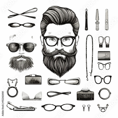 Professional Hipster Beard, Hair, and Accessories Vector Illustration for Stylish Designs
