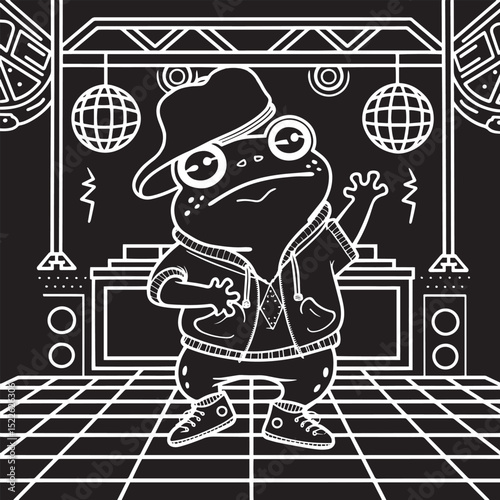 Cute cartoon frog wearing a hat and dancing with music playing on the speaker character outline vector illustration design.