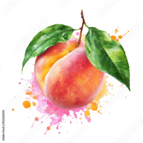 A bright peach with two lush green leaves displayed against a transparent background highlights the fruit's vibrant colors and fresh appearance, perfect for showcasing nature's bounty
