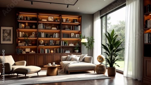 Elegant Home Library Interior with Books and Lounge Furniture