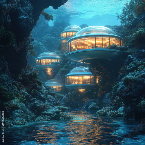 Futuristic floating house in ocean. photo