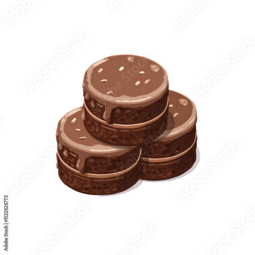 Isometric cake icon showcases a stacked design with rich chocolate layers and a glossy finish. Ideal for digital projects, menus, and dessert-themed materials, enhancing visual appeal