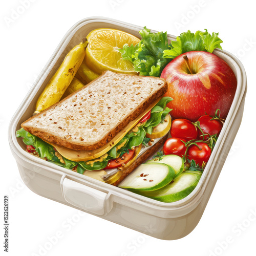 Lunchbox displays a well-balanced meal including a whole grain sandwich, assorted fresh fruits, and vibrant vegetables. Ideal for nutritious eating on the go, showcasing a colorful layout