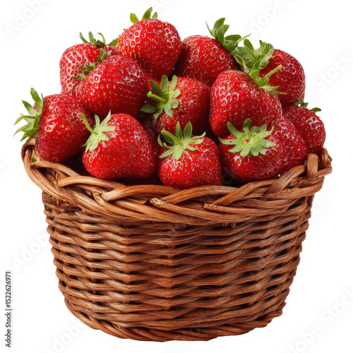 A woven basket overflowing with vibrant red strawberries sits on a transparent background, showcasing their fresh appearance and inviting look, ideal for culinary presentations or designs