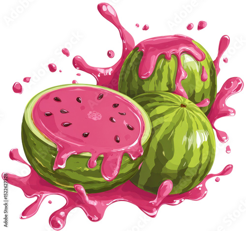 Splashes of bright pink juice dance through the air as fresh watermelon halves sit prominently. The vibrant colors create a dynamic and refreshing visual spectacle