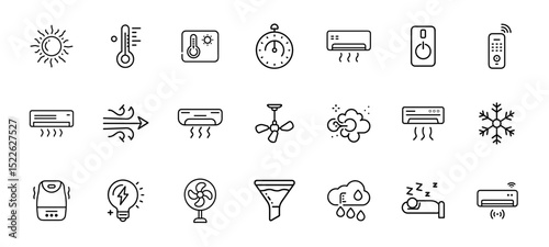 Air conditioner and climate control icon set. Vector line pictograms of AC unit, cooling, heating, ventilation, temperature control, fan, remote, and air flow illustration