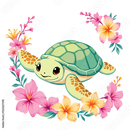 Vsai cute sea turtle swimming in a tropical floral wreath