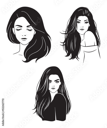 Elegant Female Portrait Vector – Fashion Black Hair Art.