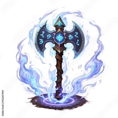 Mystical Glowing Axe with Runes and Magical Blue Flames