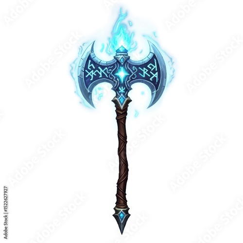 Mystical Glowing Axe with Runes and Magical Blue Flames