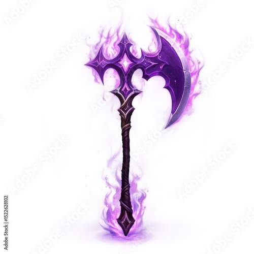 A beautifully crafted fantasy battle axe featuring intricate purple flames and a detailed mystical design, ideal for RPG concepts, fantasy art, and magical weaponry inspiration