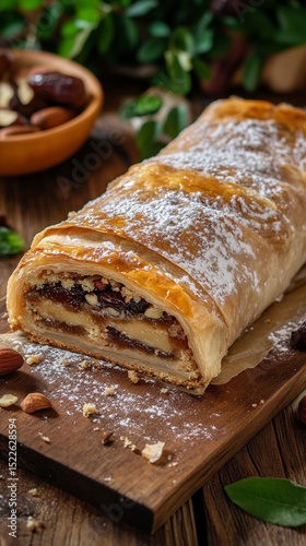 Deliciously baked strudel filled with rich layers of nuts and dried fruits, dusted with powdered sugar, served on a rustic wooden board, perfect for dessert lovers. photo