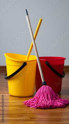 Colorful cleaning supplies arranged in a bright space promoting tidiness and organization for efficient cleaning routines