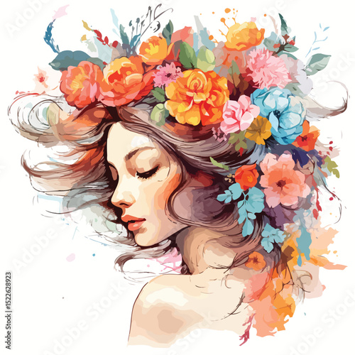 Professional Portrait of a Fair-Skinned Girl With Flowers Isolated on White Background