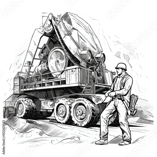 Professional Mining Worker Cartoon in Black and White Vector Illustration for Industrial Presentations