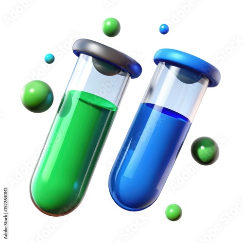 Two test tubes with green and blue liquids and spheres