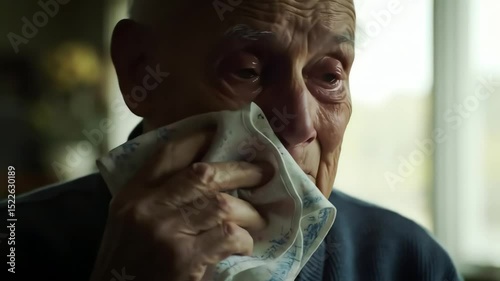Elderly man gently wiping tears with handkerchief indoors  