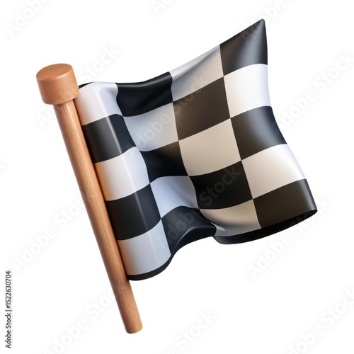 Checkered flag waving on wooden pole 3d render
